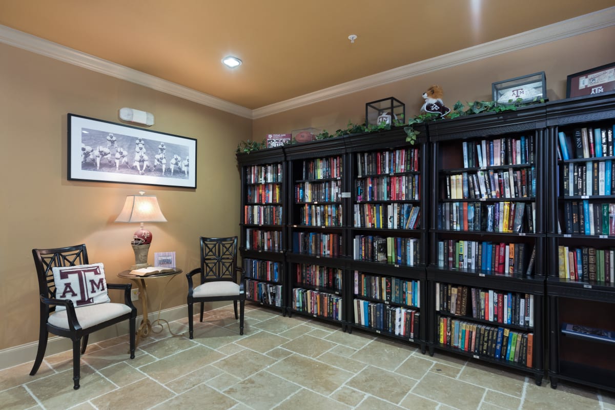The library at Watercrest at Bryan in Bryan, Texas