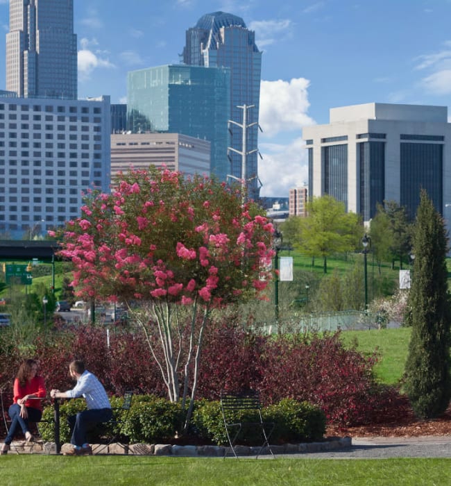 Couple sitting at a table in park with downtown in background near Marq Midtown 205 in Charlotte, North Carolina