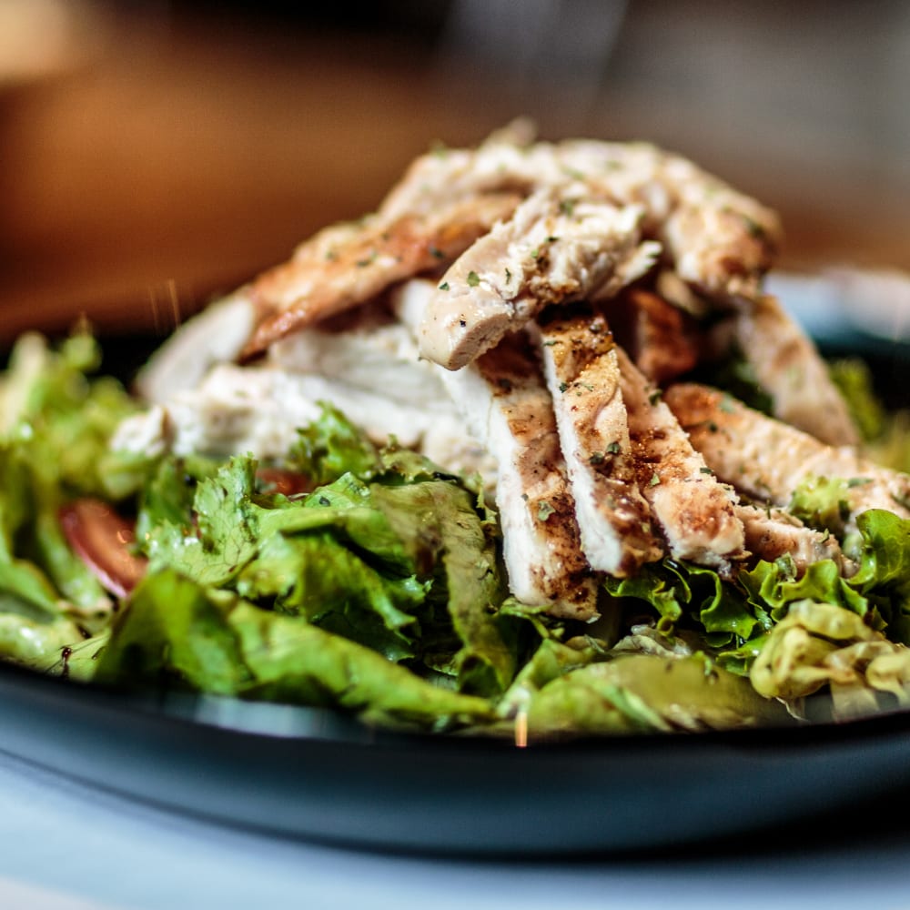 Grilled chicken salad on a plate at Dolphin Marina Apartments in Marina Del Rey, California