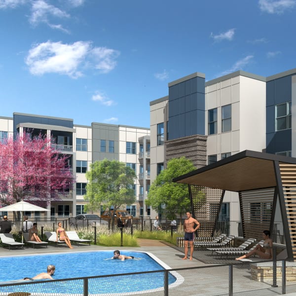 Rendering of luxury pool and exterior at The Mallory in Raleigh, North Carolina