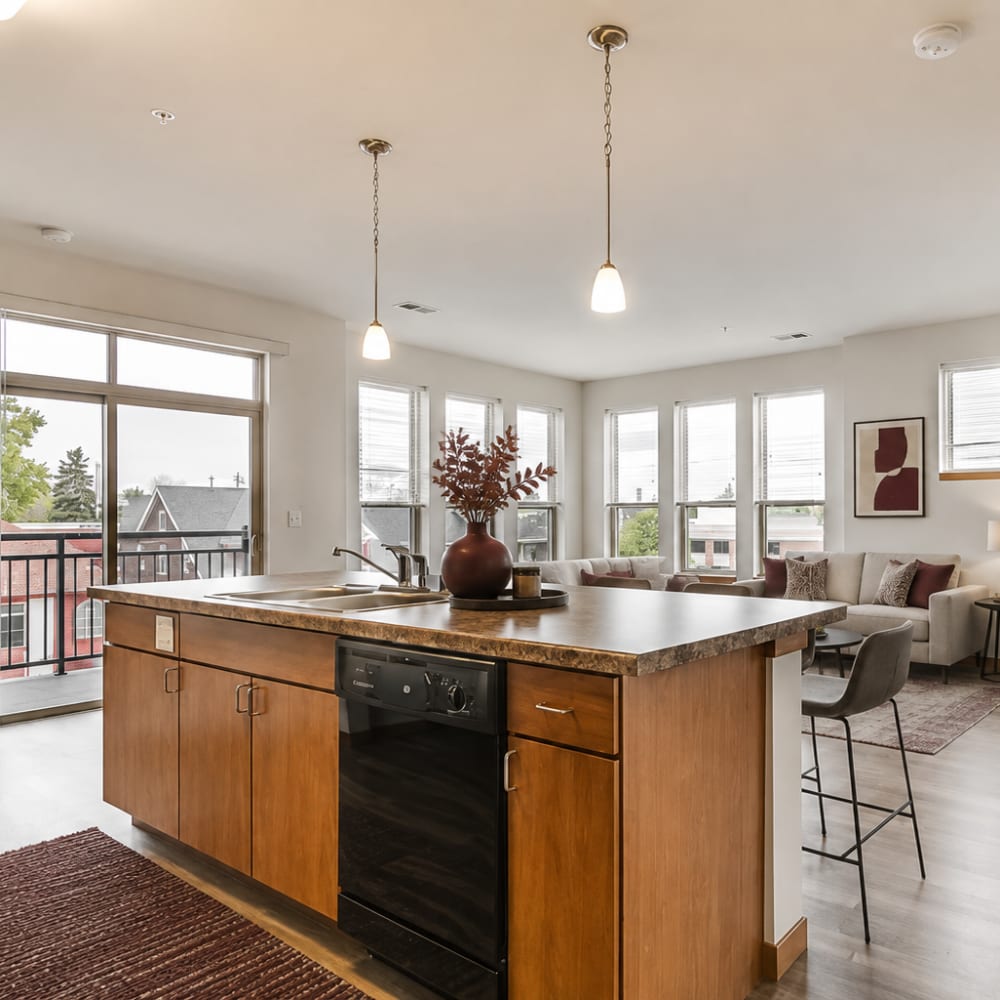 View of the living room from the kitchen at Cudahy, Wisconsin at Layton Square