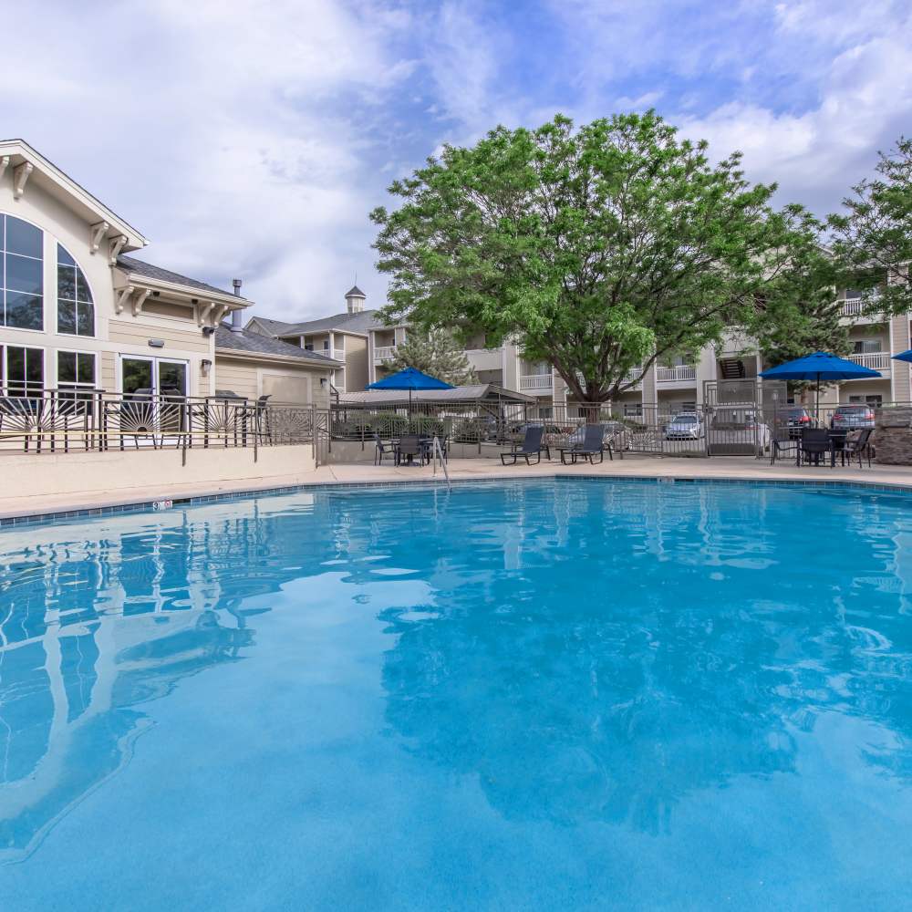 Swimming pool and deck space at One Belmar Place in Lakewood, Colorado