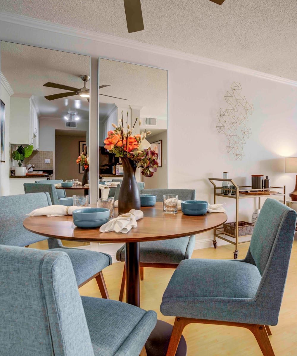 Well-furnished living area in the open-concept floor plan of a model home at Sofi Redwood Park in Redwood City, California