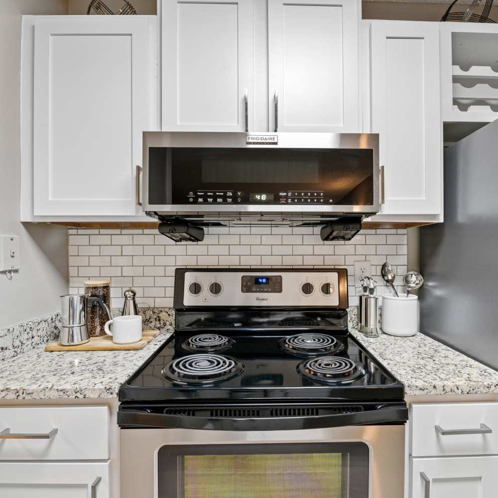 Apartment with stainless-steel appliances and subway tile backsplash at Vetra Asheville in Arden, North Carolina