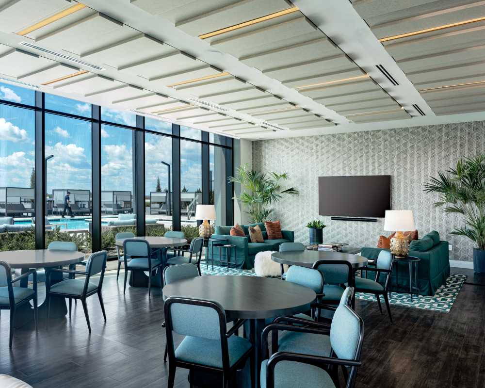 Seating area in the clubhouse at The Novus Apartments in Durham, North Carolina