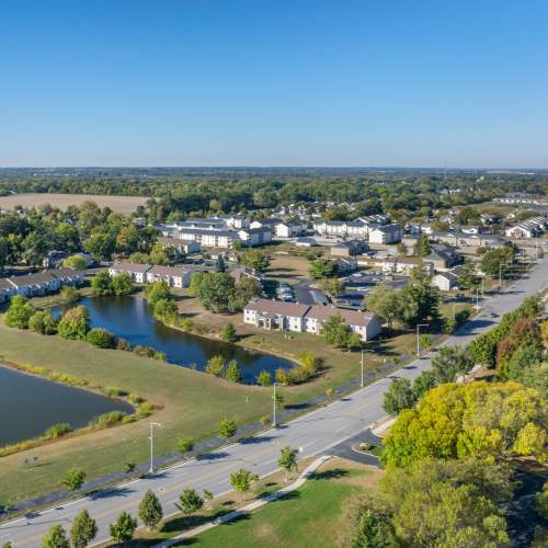 Drone shot of community at Twyckenham Apartments in Lafayette, Indiana