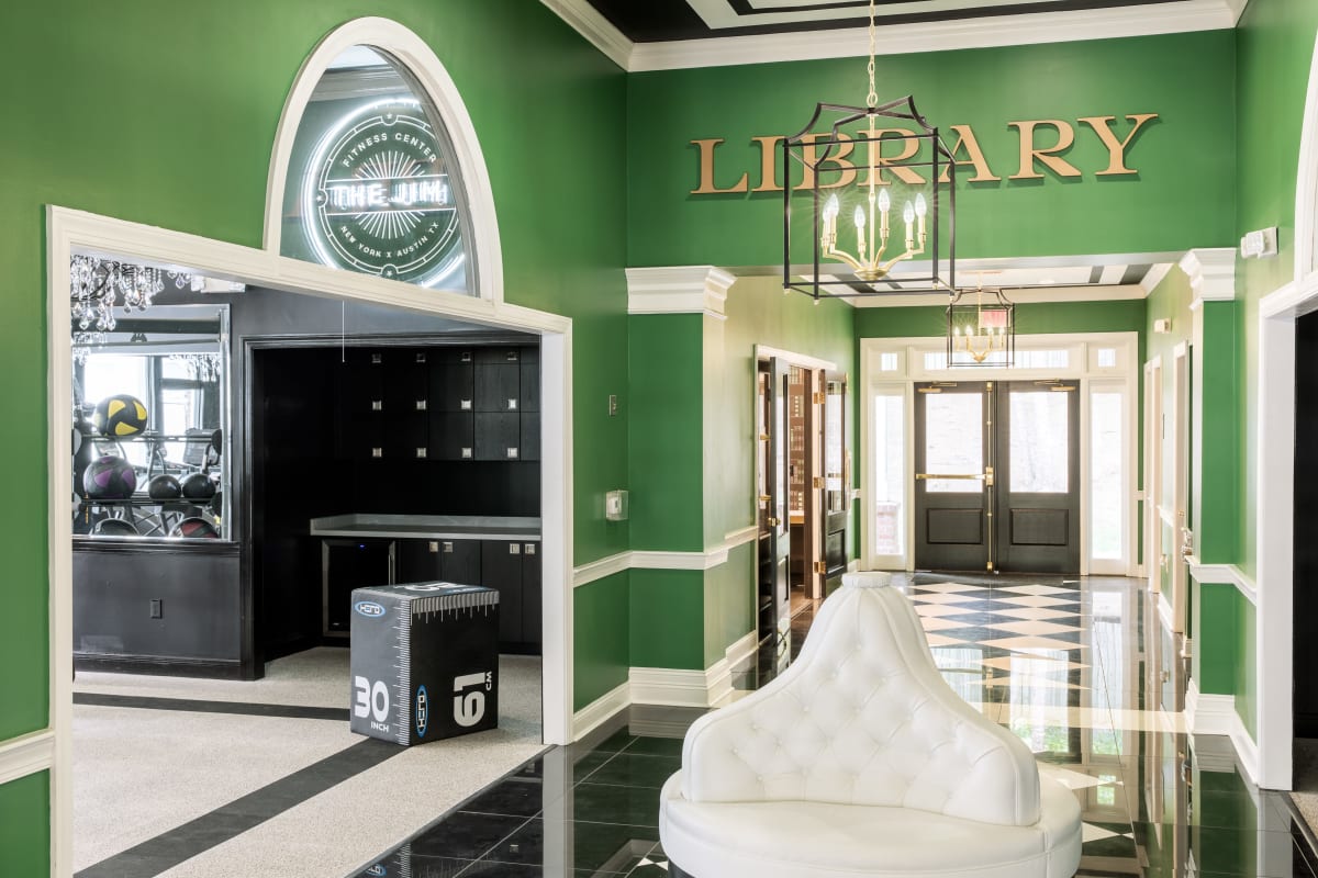 Atrium and entrance to the Jim fitness center and library in the clubhouse at University Village in Greensboro, North Carolina