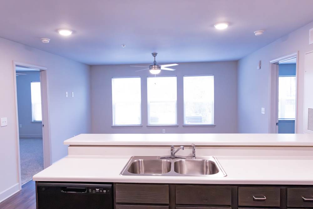 Kitchen with stainless-steel sink at Villas At Mount Zion in Stockbridge, Georgia