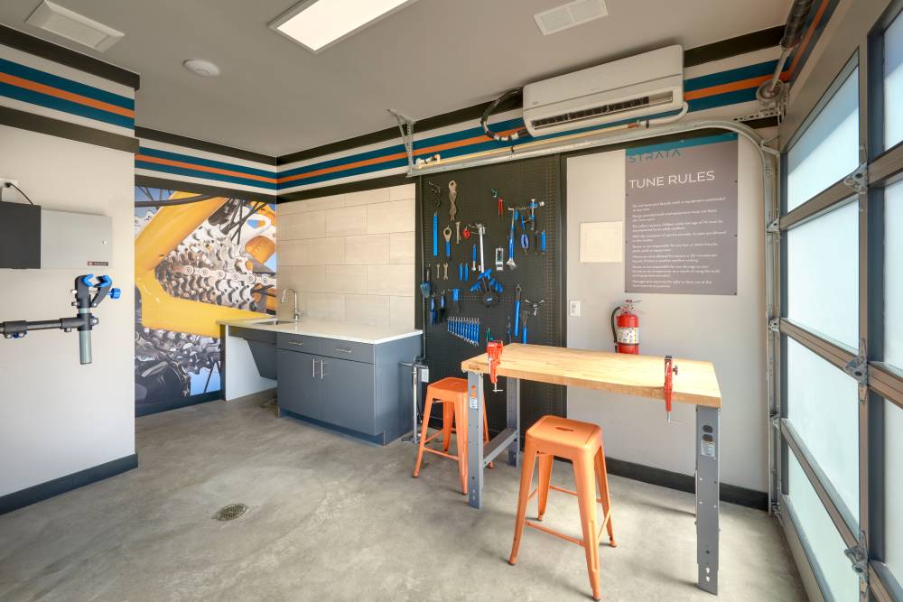 Bike tuning station at Strata Apartments in Denver, Colorado