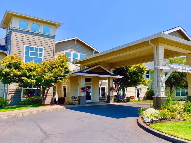 The front entrance at Evergreen Senior Living in Eugene, Oregon. 