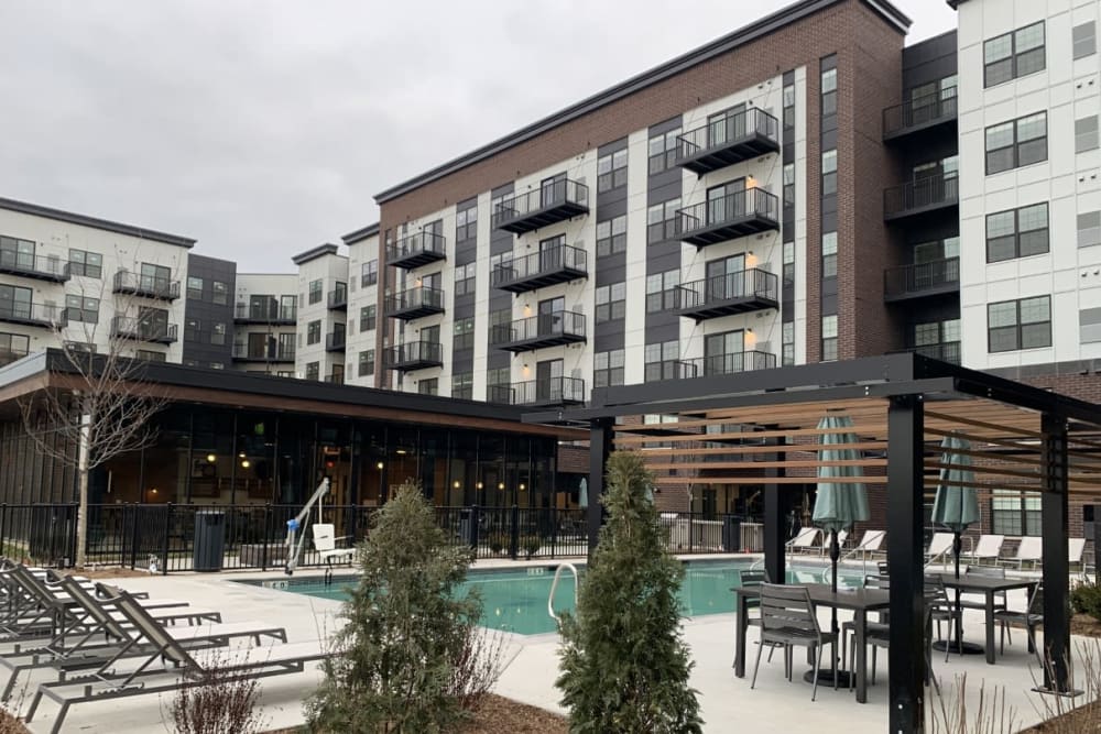 Floating in the pool and soaking up the sun at The Residences at Sawmill Station in Morton Grove, Illinois