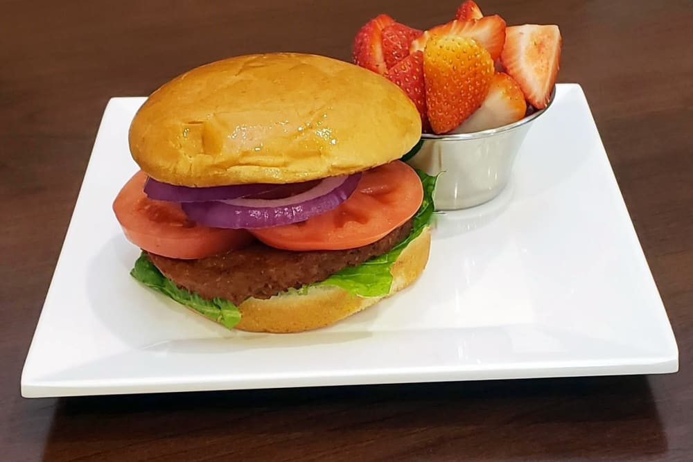 Veggie burger at Lakeland Senior Living in Eagle Point, Oregon