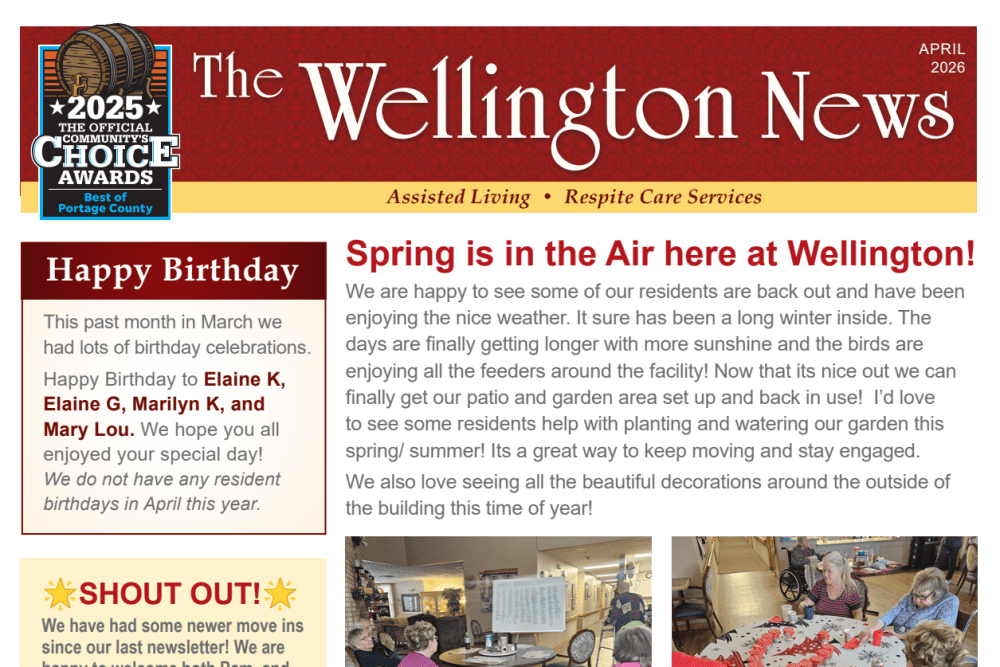 April 2026 newsletter at Wellington Place at Whiting in Stevens Point, Wisconsin