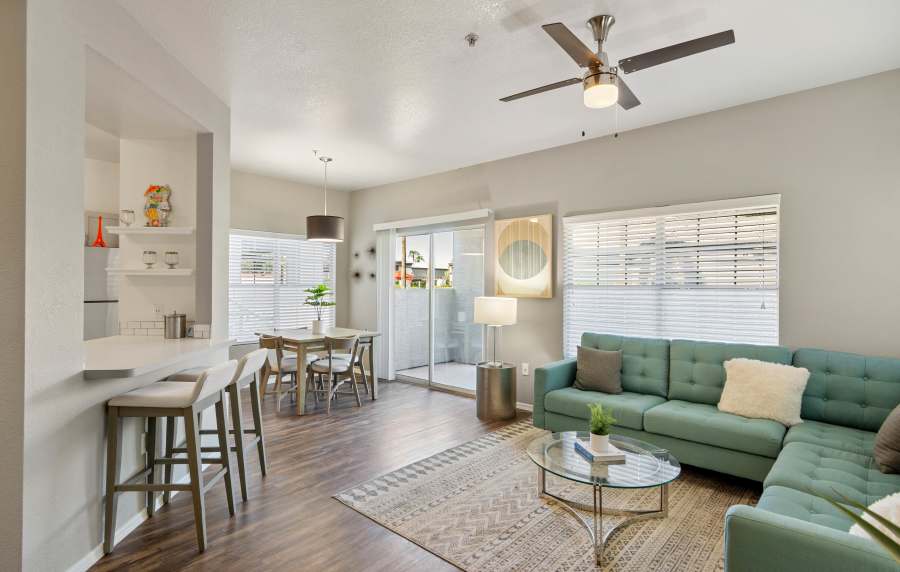 Modern and spacious living room at Luxe @ Ocotillo in Chandler, Arizona