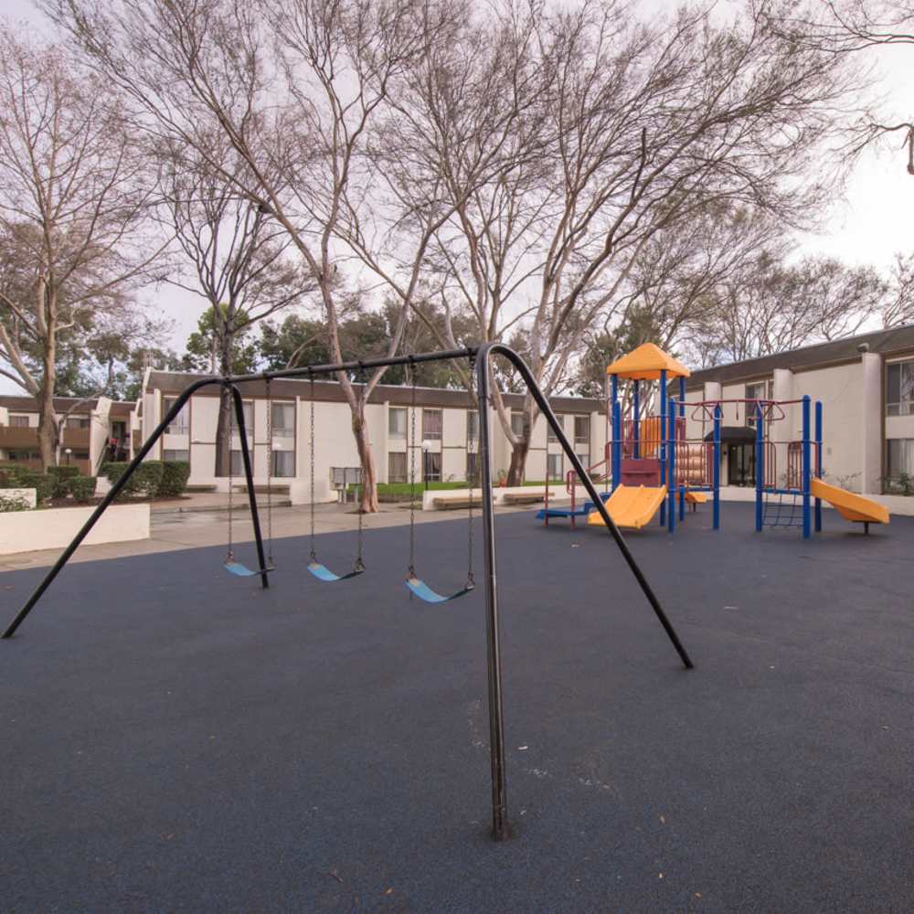 Kids play area of a community at Lawrence Road Apartments in Santa Clara, California,