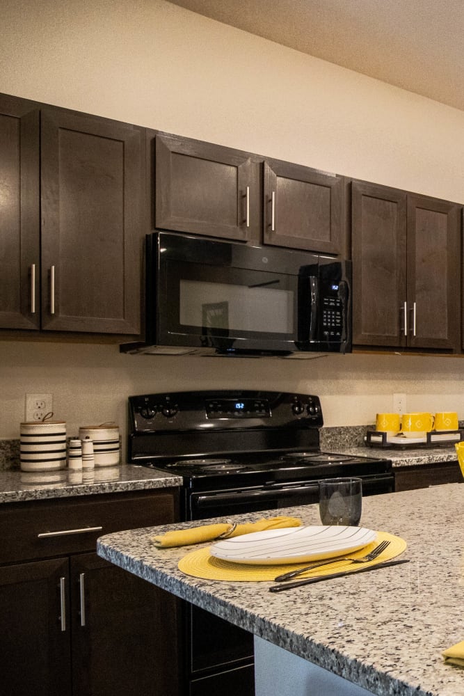 Granite counters in an apartment kitchen at Esperanza in San Antonio, Texas