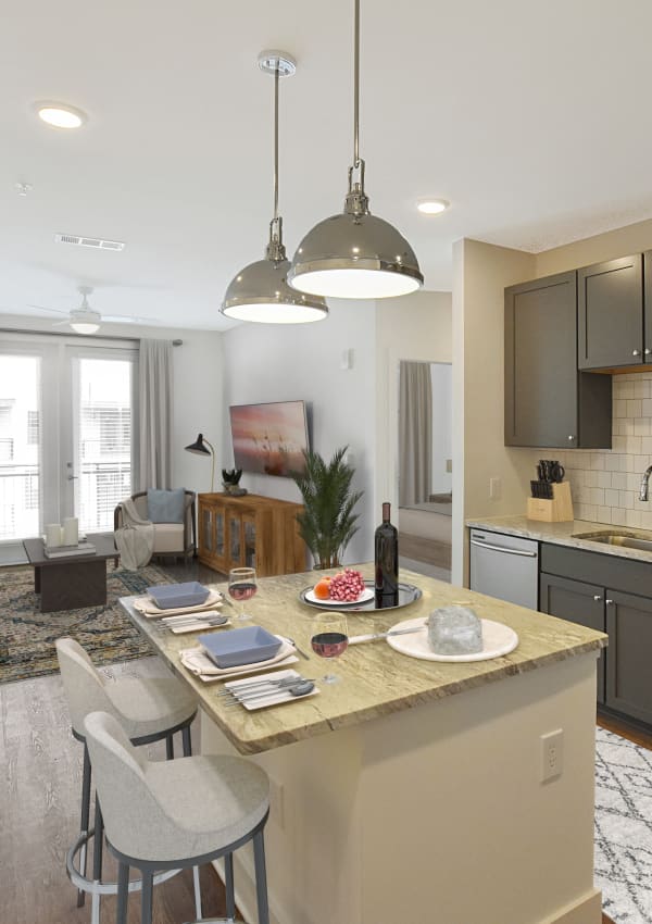 Kitchen with a kitchen island at The Brunswick in Norcross, Georgia