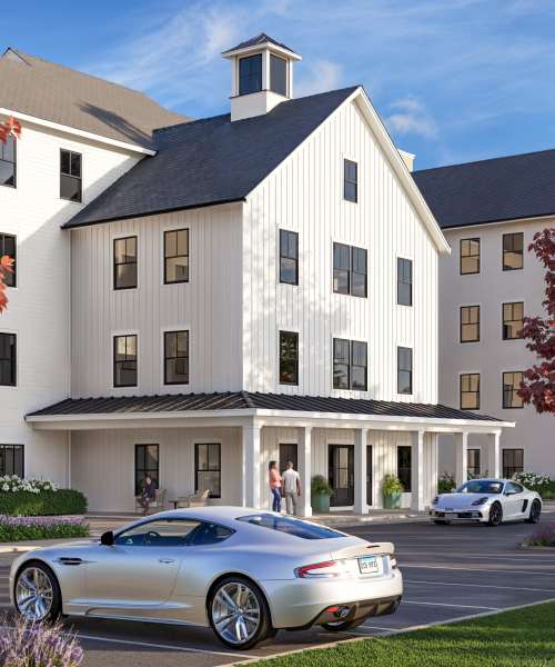 Community building with car parking at The Village in Stratford, Connecticut