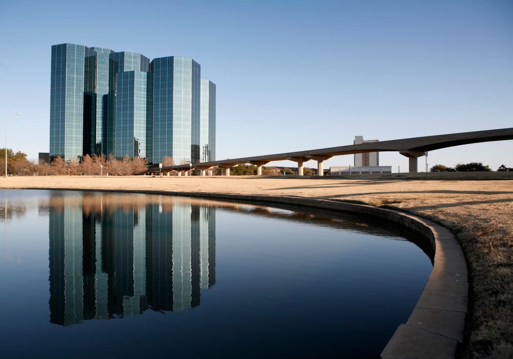 Skyview and skyscrapers near Ridgeview Place in Irving, Texas