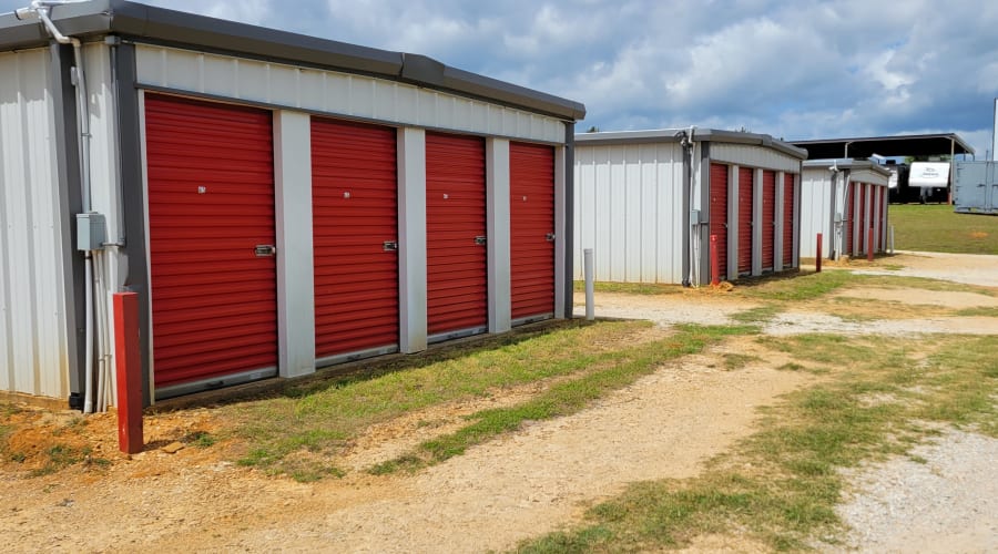 A storage unit filled with boxes at KO Storage in Gilmer, Texas