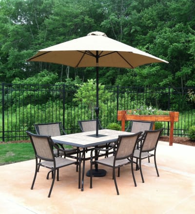 Covered outdoor seating at Keystone Commons in Ludlow, Massachusetts