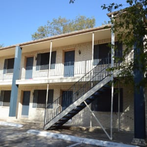 Front entrances to the apartments at Hampton Village in DeSoto, Texas