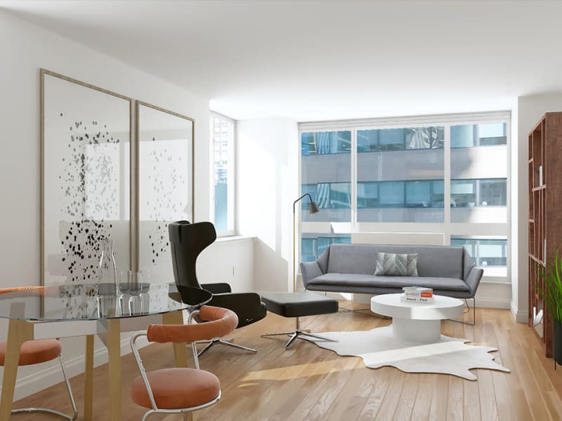 A modern, contemporary living room with a view at The Metropolis in New York, New York