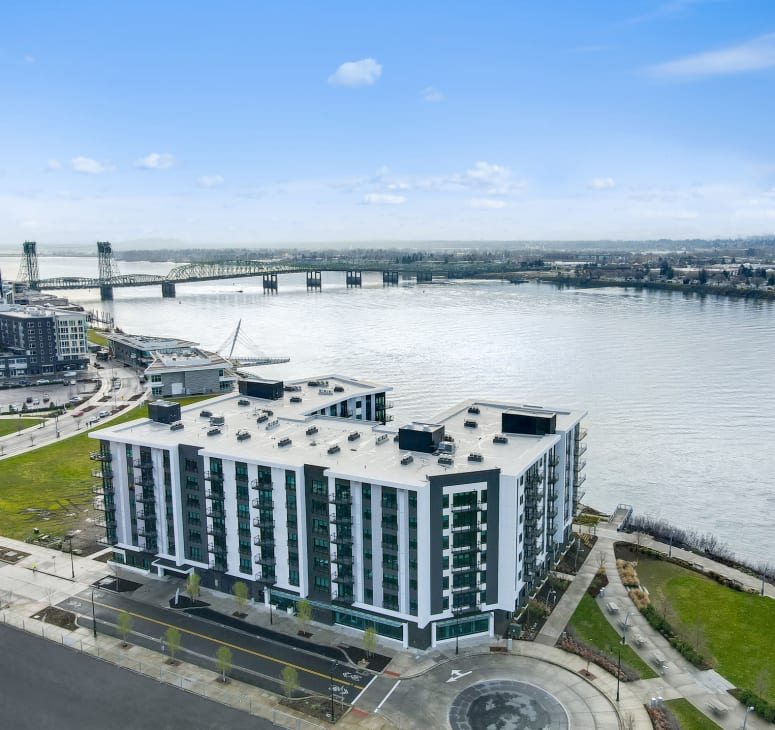 Aerial View of the Columbia at the Waterfront overlooking the Columbia River and Vancouver Waterfront of The Columbia at the Waterfront along the waterfront in Vancouver, Washington