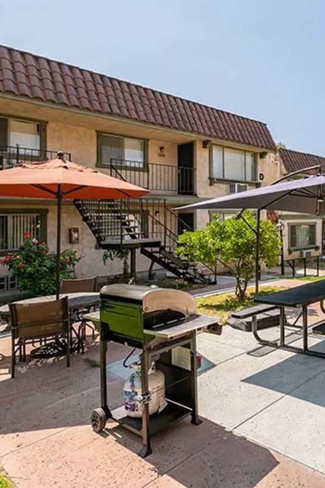 Outdoor patio and grilling station at Valley Pride Village in Sylmar, California