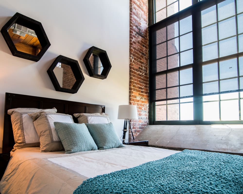 Bright bathroom at Loray Mill Lofts in Gastonia, North Carolina
