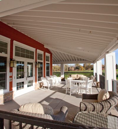 Covered outdoor seating at Keystone Place at Wooster Heights in Danbury, Connecticut