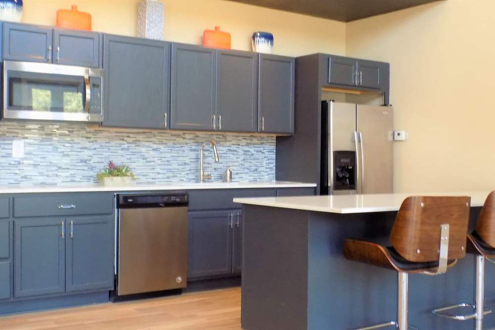 Community kitchen in the clubhouse at Branch Creek Apartments in Carrollton, Texas