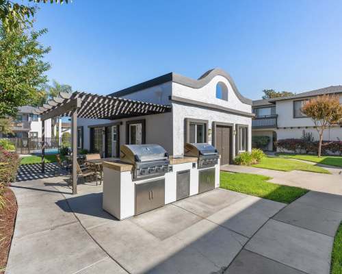 Patio with barbeque stations at Solera Apartment Homes, Santa Clara, California