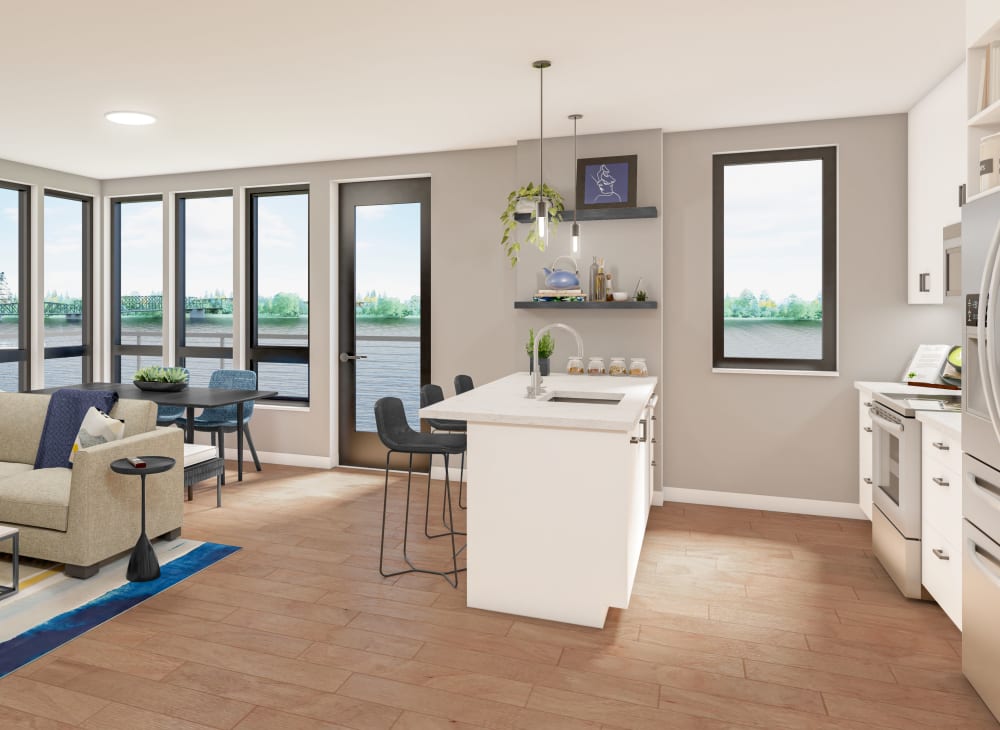Interior apartment rendering with view of the river at The Columbia at the Waterfront in Vancouver, Washington