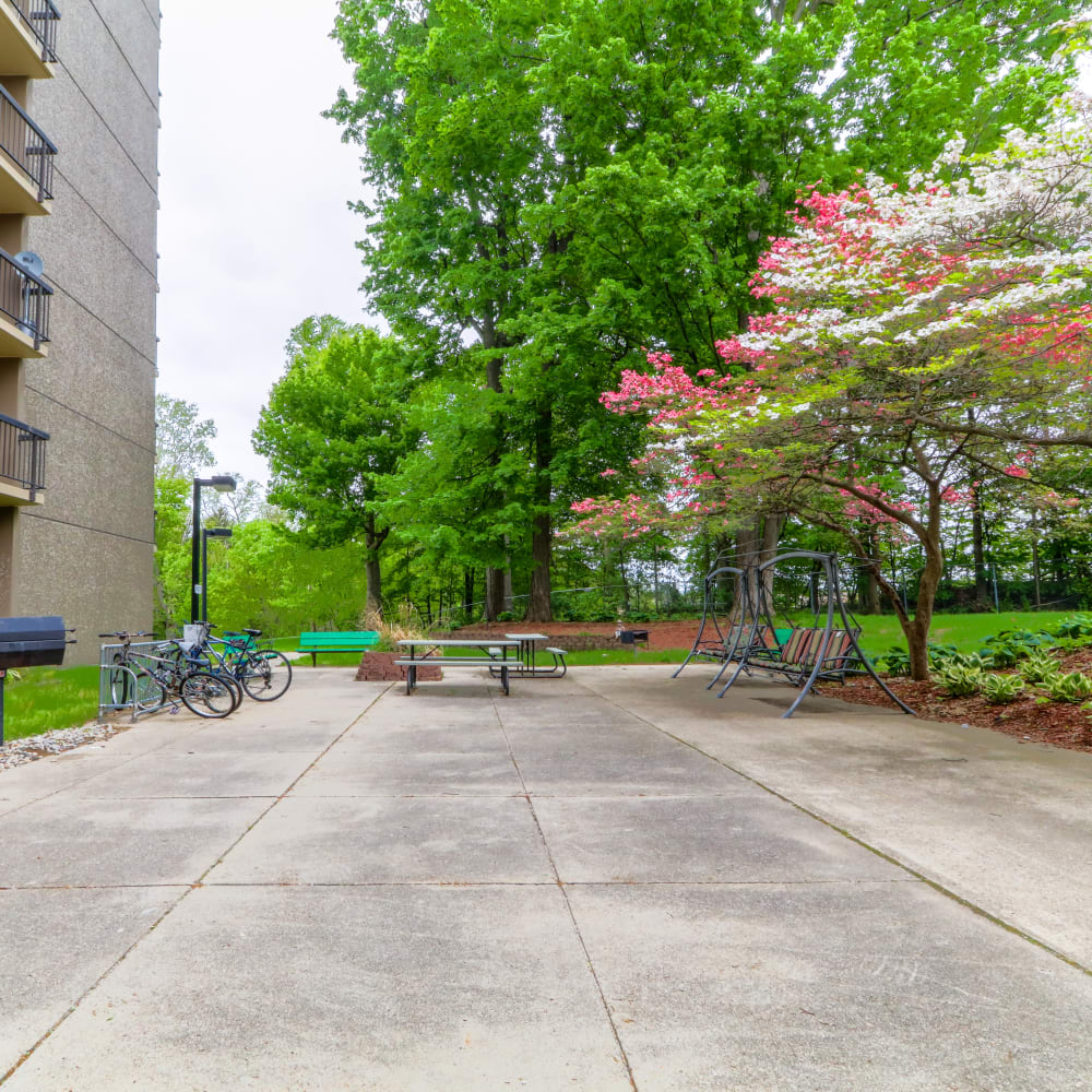 Patio with bike rack at Ziegler Place in Livonia, Michigan