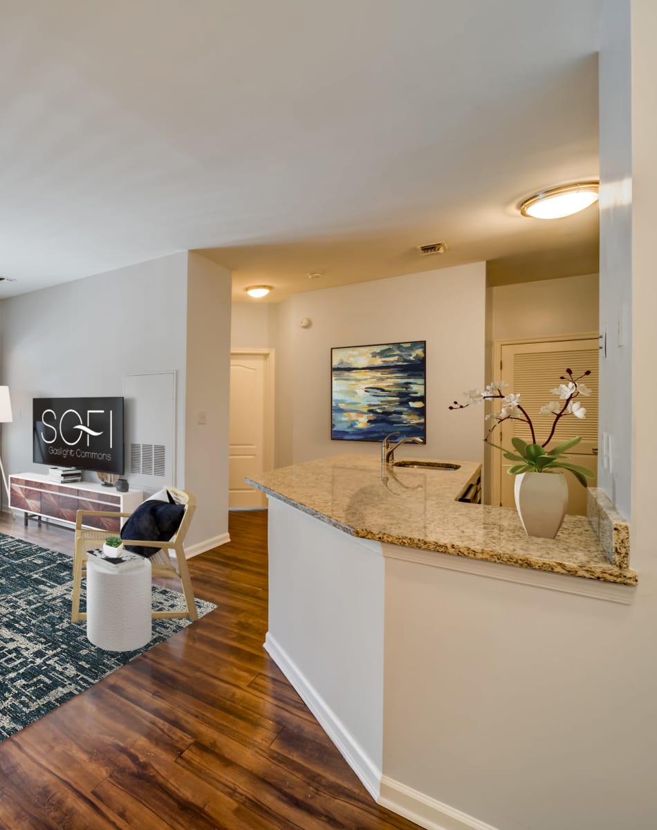 Kitchen area in a model home at Sofi Gaslight Commons in South Orange, New Jersey