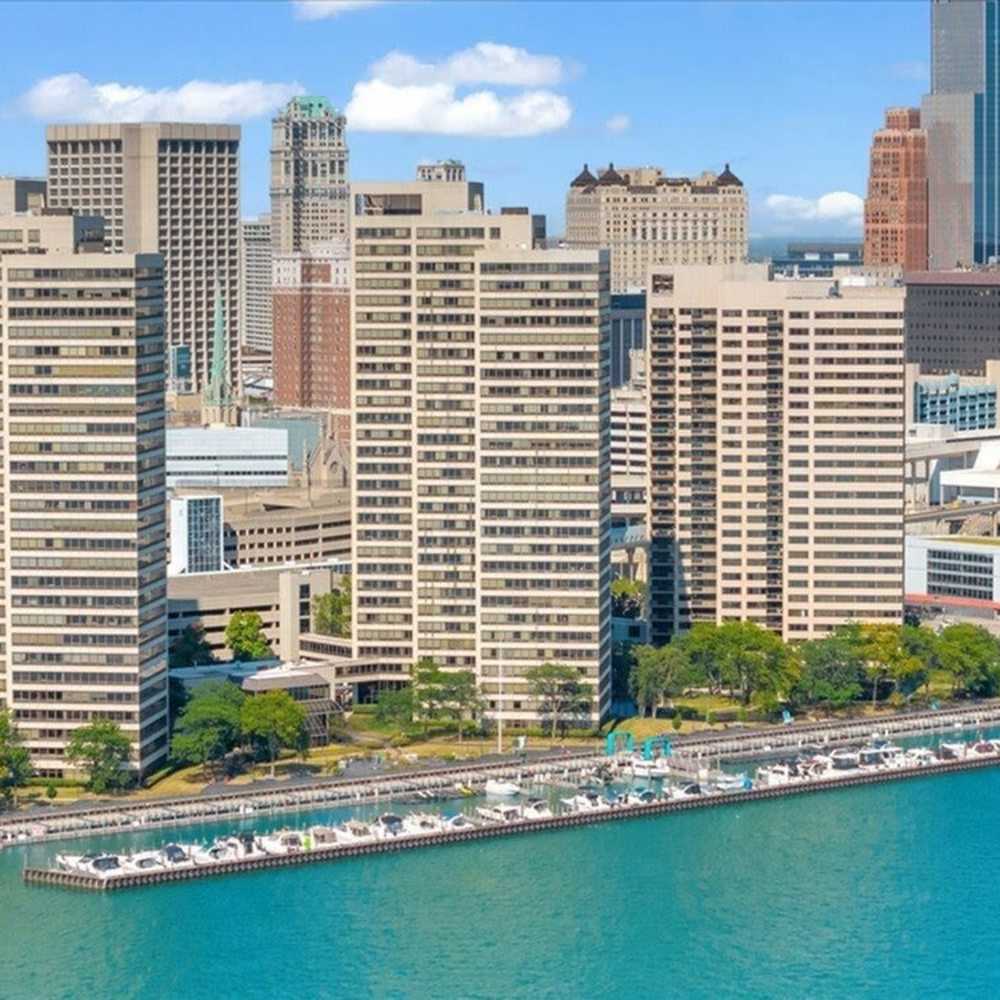 Aerial view of the building at Riverfront Towers in Detroit, Michigan