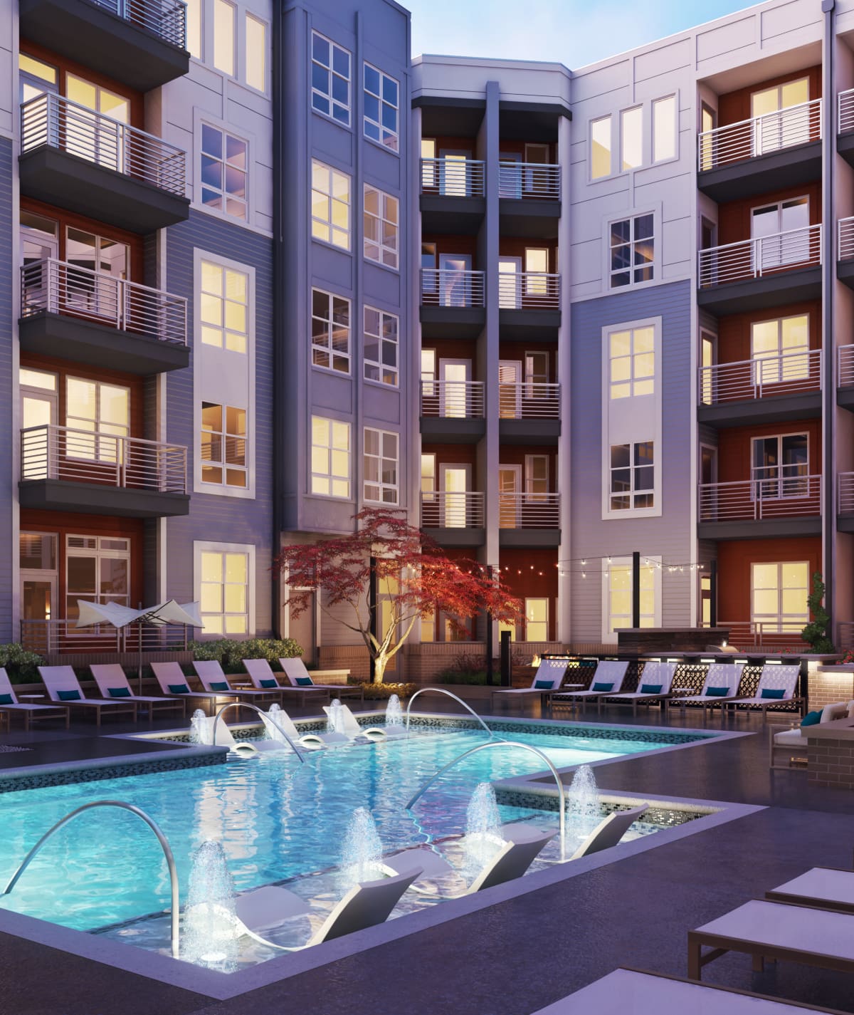 Rendering of pool area lit up at Alta Warp + Weft in Charlotte, North Carolina