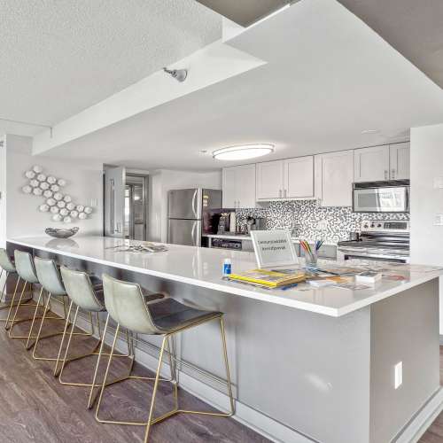 Community kitchen at The Parker at Seventh in Des Moines, Iowa