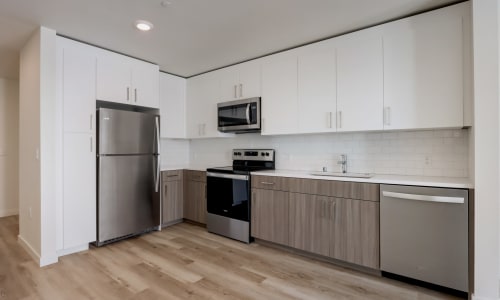 Modern finishes in an apartment kitchen at Lincoln Landing in Hayward, California