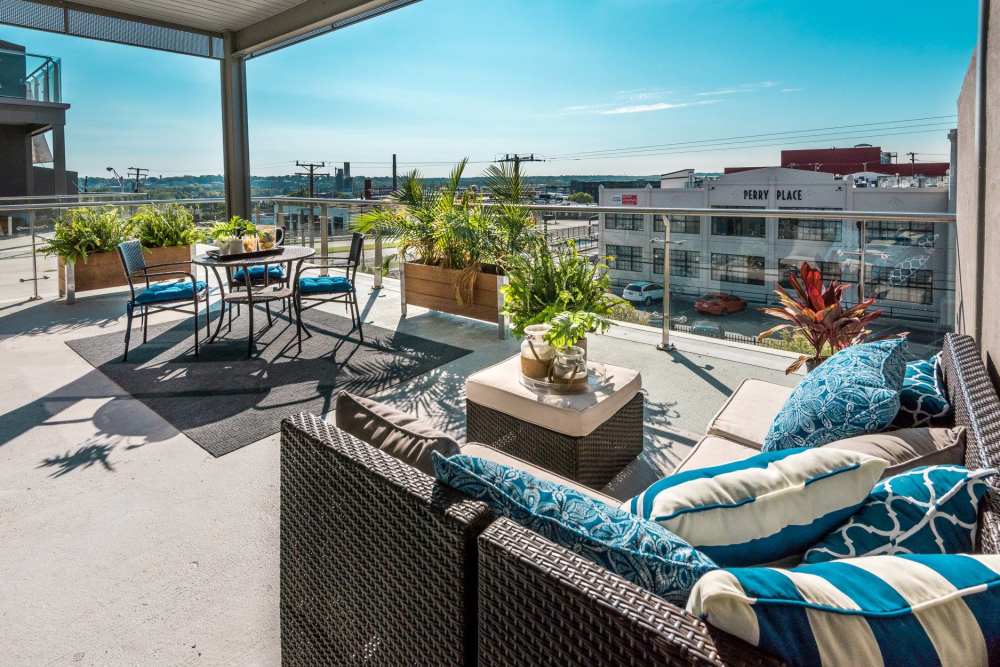 Relaxing balcony of apartment at Terraces at Manchester in Richmond, Virginia