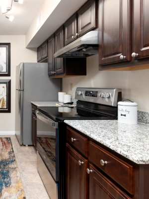 Modern kitchen with granite countertop at The Abbey At Enclave in Houston, Texas
