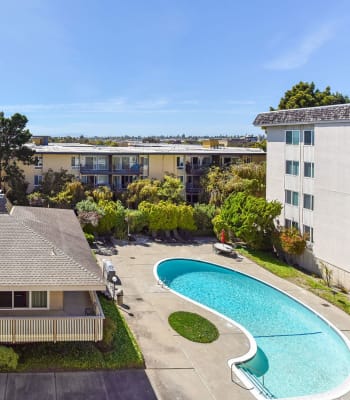 Aerial view of the swimming pool and spa at Tower Apartment Homes in Alameda, California