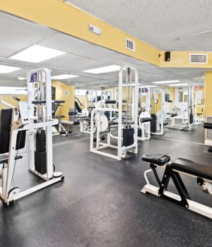 Weightlifting benches in the fitness center at Forest Place in North Miami, Florida