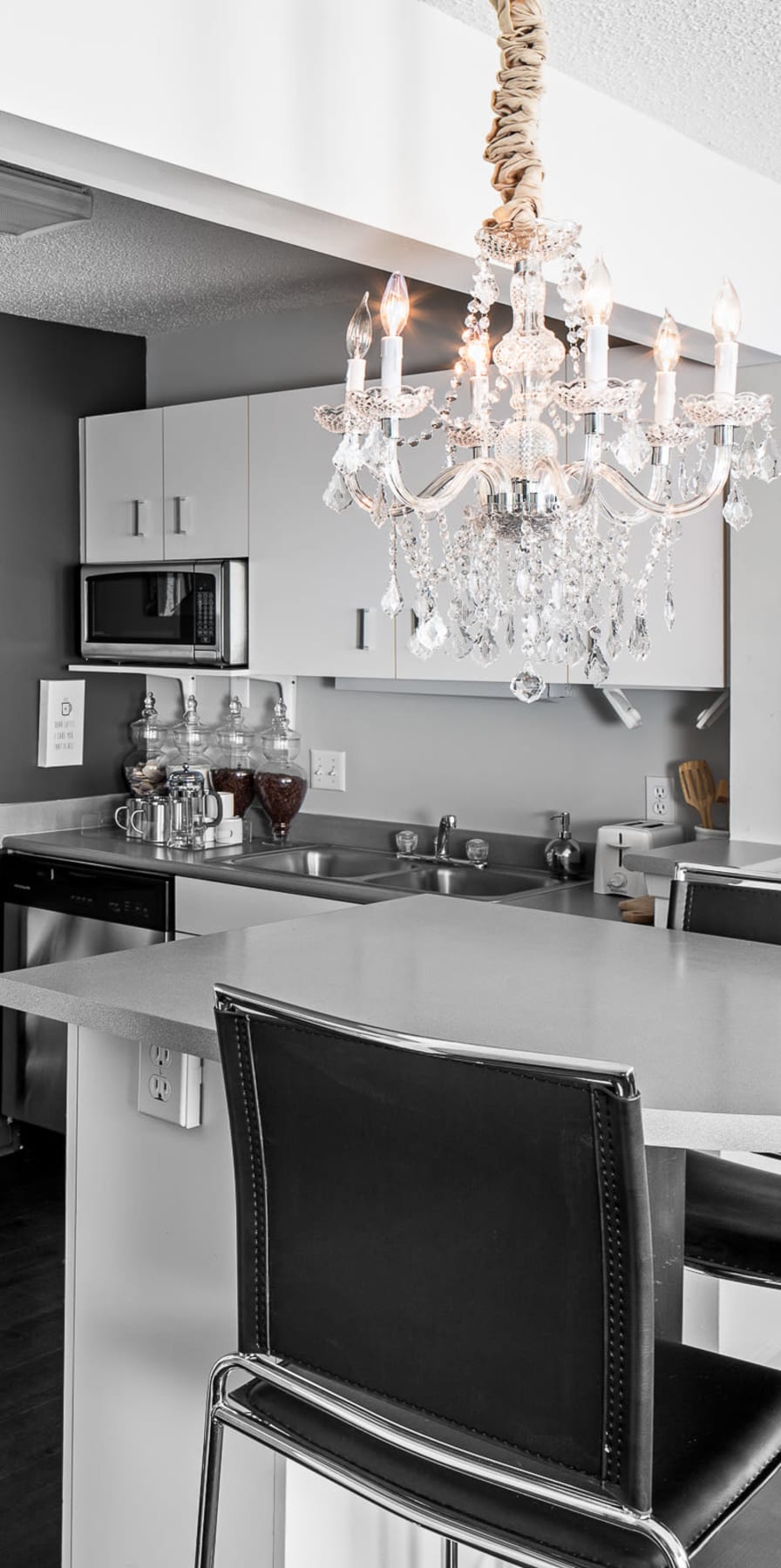 Modern kitchen in a model student apartment at The Gramercy in Manhattan, Kansas