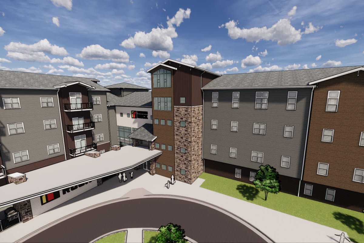 Rendering of apartment buildings and circular driveway at Springfield, Missouri near Turners Rock