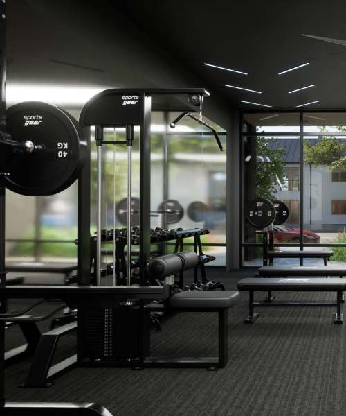 Fitness center with carpet flooring at Vivien in Los Angeles, California