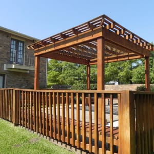 Private patio with a pergola at Highlands of Grand Prairie in Grand Prairie, Texas