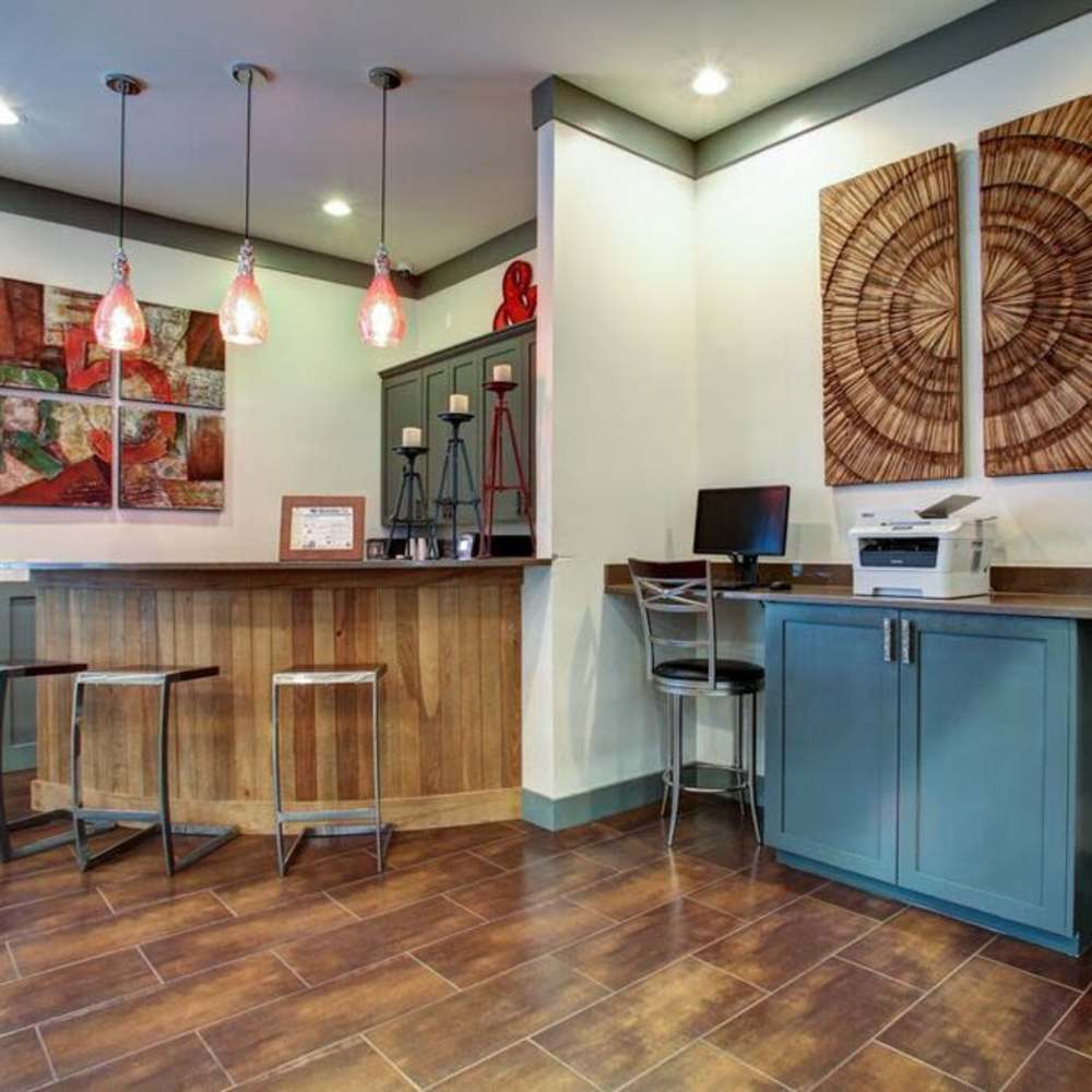 Community kitchen and working space beside at Avonlea Towne Lake in Woodstock, Georgia