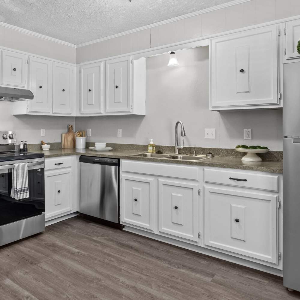 Charming modern kitchen featuring sleek stainless steel appliances and stylish white cabinetry at Pecan Ridge in Vicksburg, Mississippi.